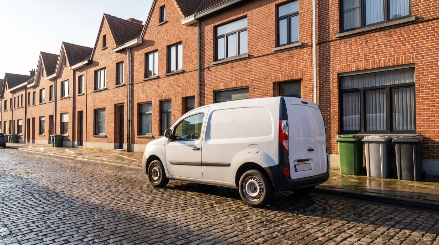 Een wit busje geparkeerd in een Vlaamse straat, naast groene en grijze afvalbakken